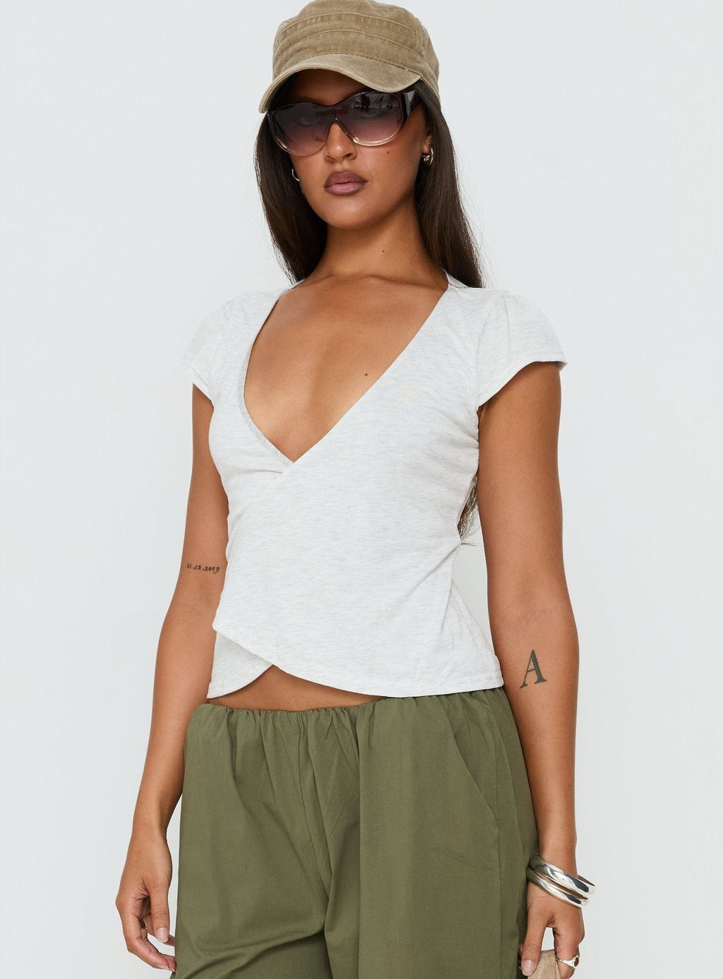 Stefanee Short Sleeve Wrap Top Light Grey Marle