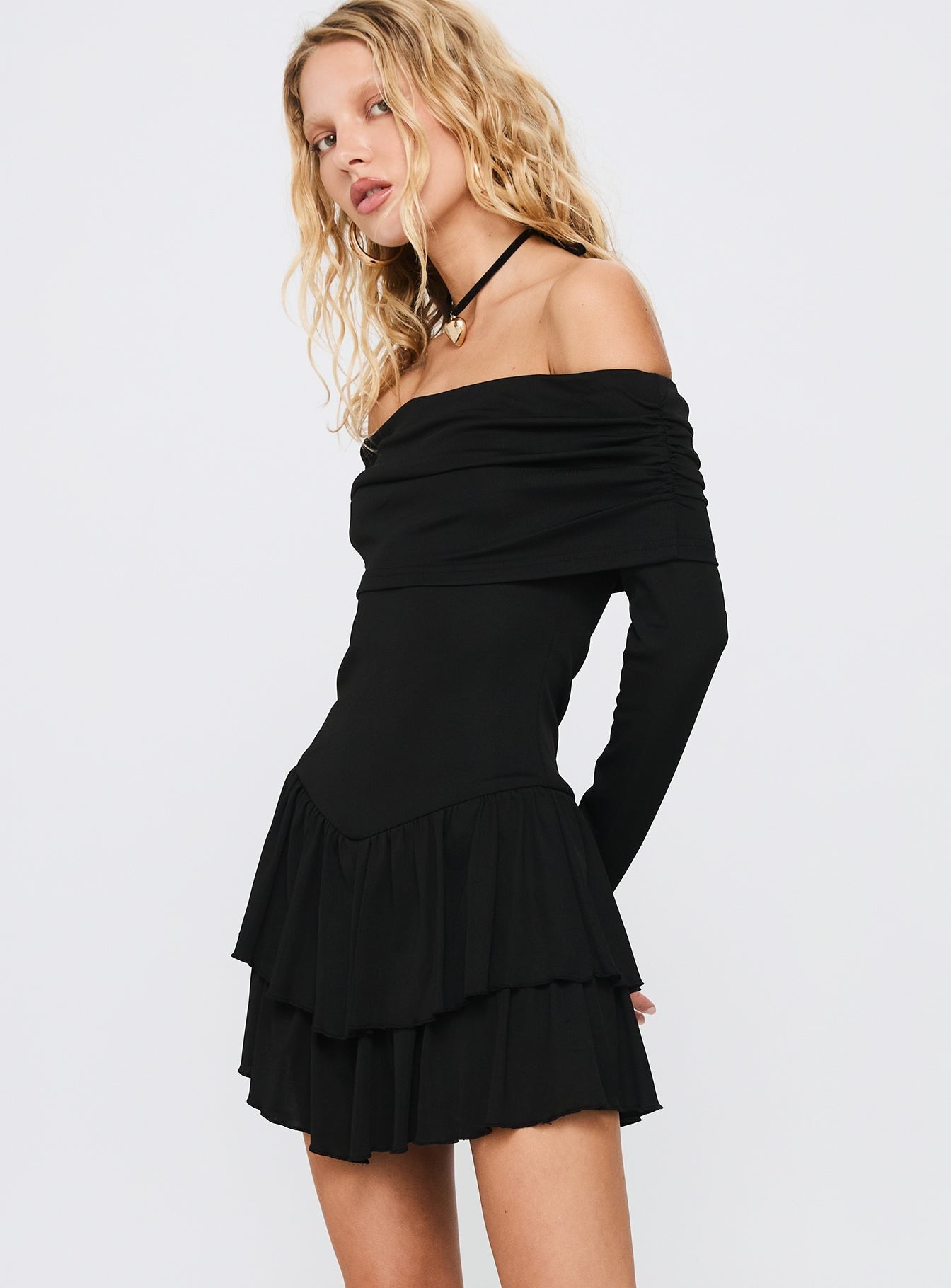 Wispy Long Sleeve Off Shoulder Playsuit Black