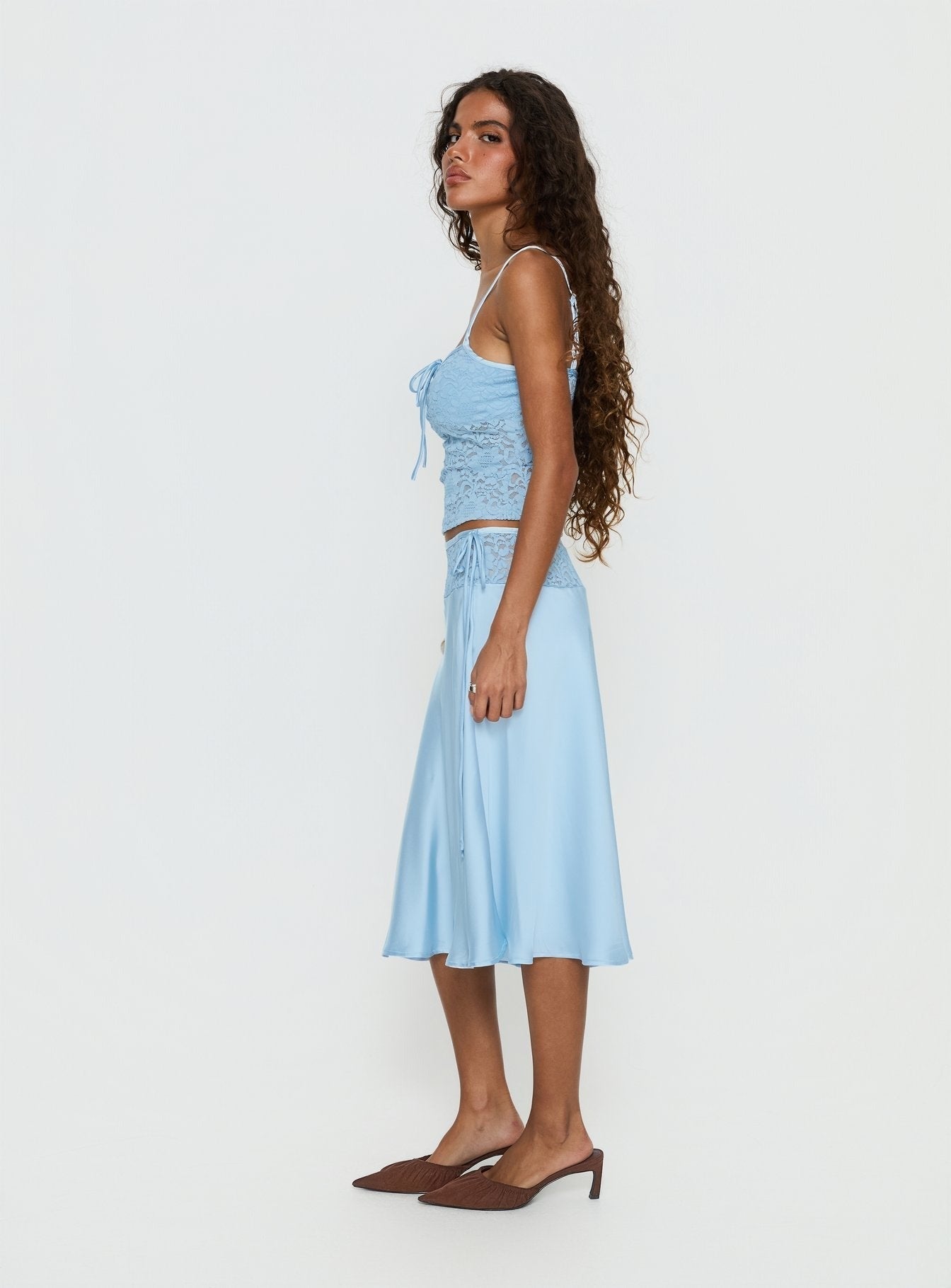 Evlin Lace Detail Satin Midi Skirt Blue