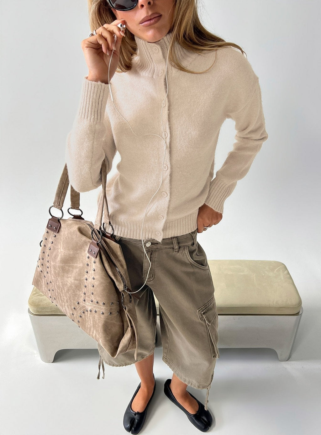 Klaura Funnel Neck Cardigan Oat