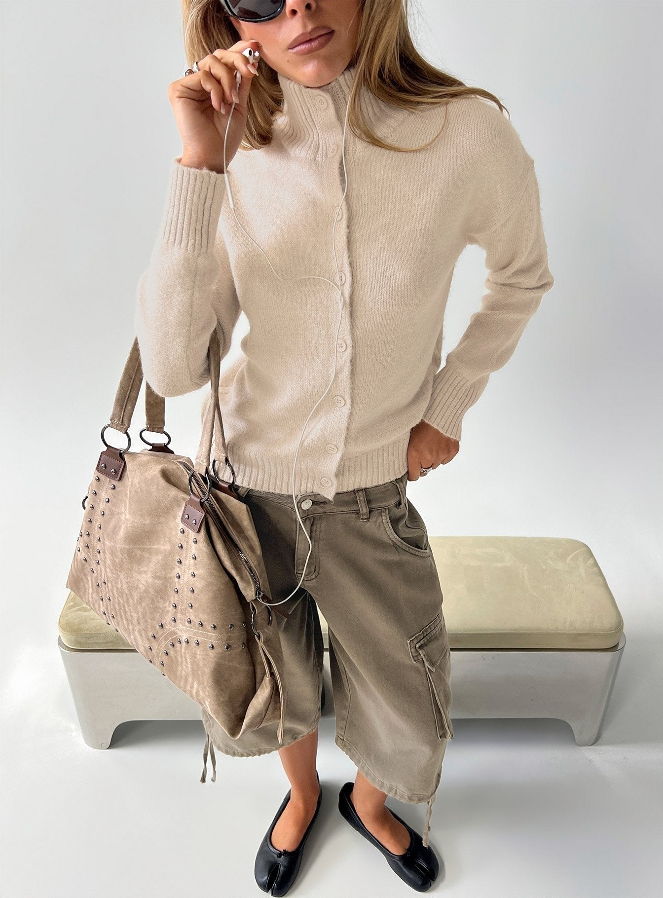 Klaura Funnel Neck Cardigan Oat