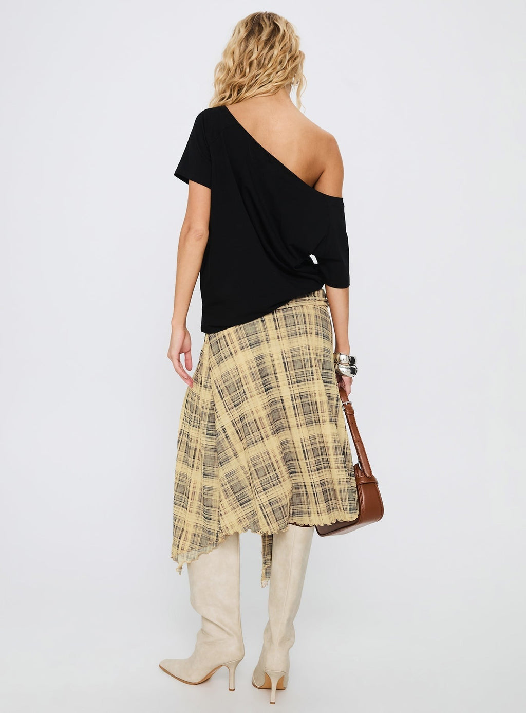 Rhaina Draped Asymmetrical Midi Skirt Yellow Check