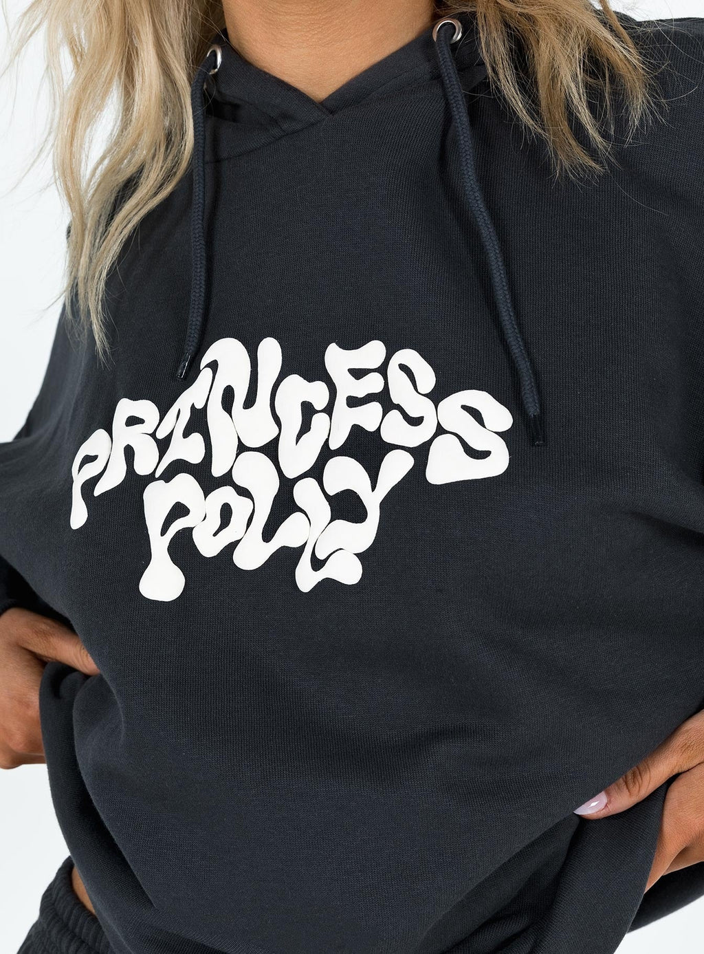 Princess Polly Hooded Sweatshirt Squiggle Text Black Sand / Eggshell