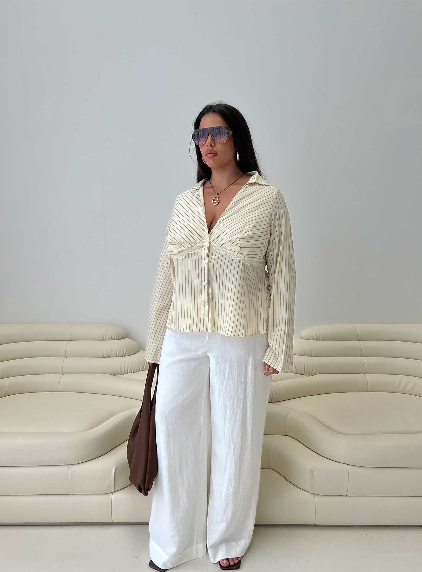 Life Begins Long Sleeve Lace Trim Top Cream Stripe Curve