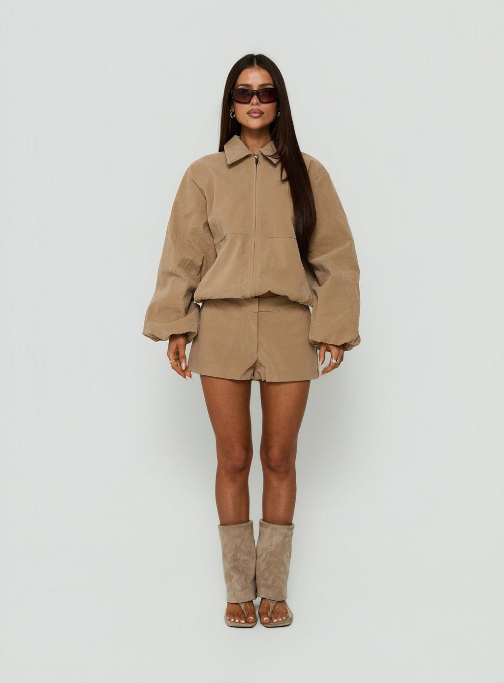 Esmeya Faux Suede Collared Bomber Jacket Beige
