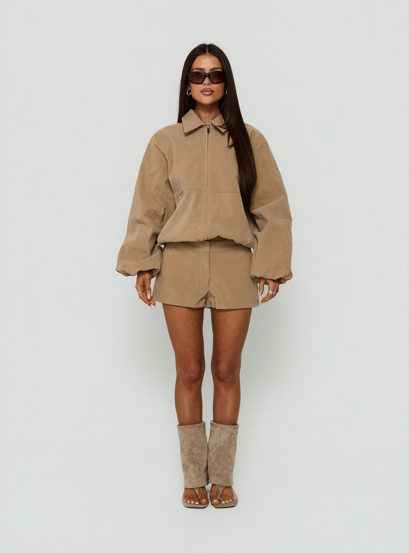 Esmeya Faux Suede Collared Bomber Jacket Beige