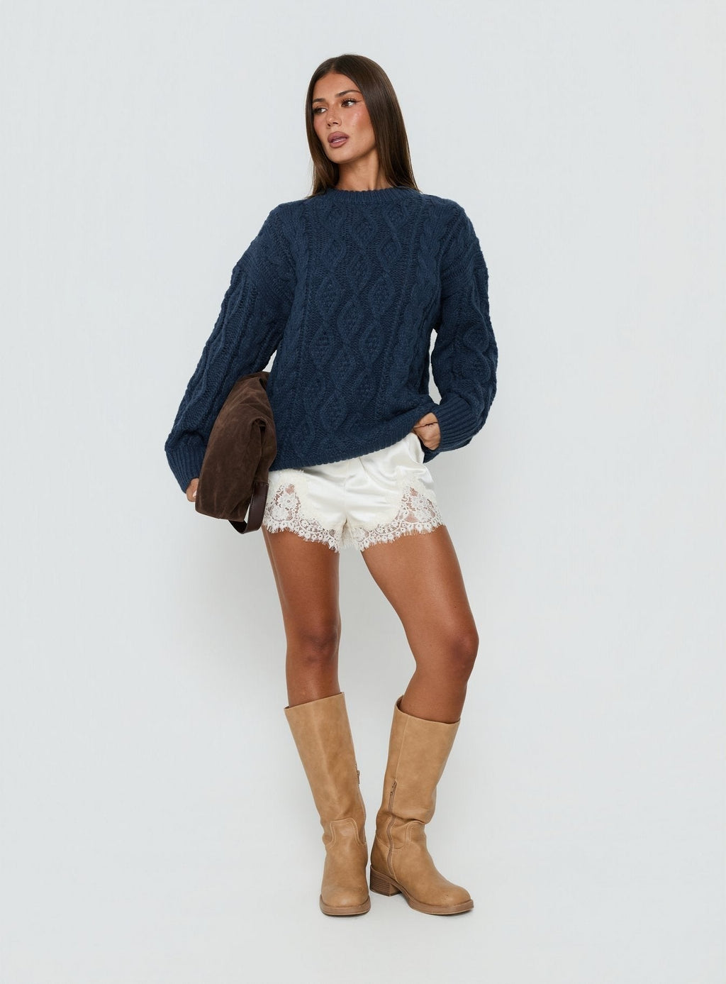 Rorey Cable Knit Crew Neck Sweater Navy