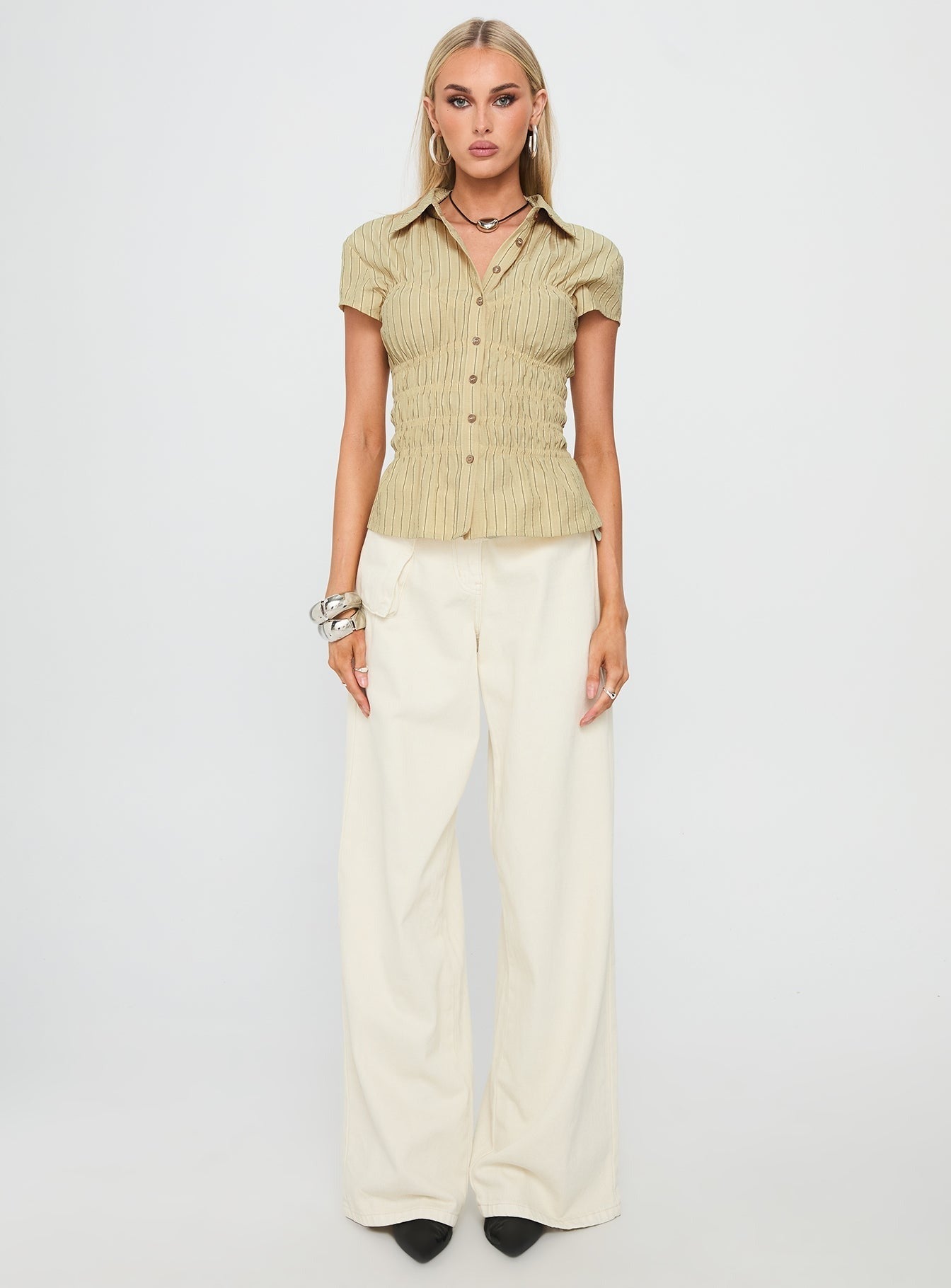 Liesel Shirred Short Sleeve Top Butter Stripe