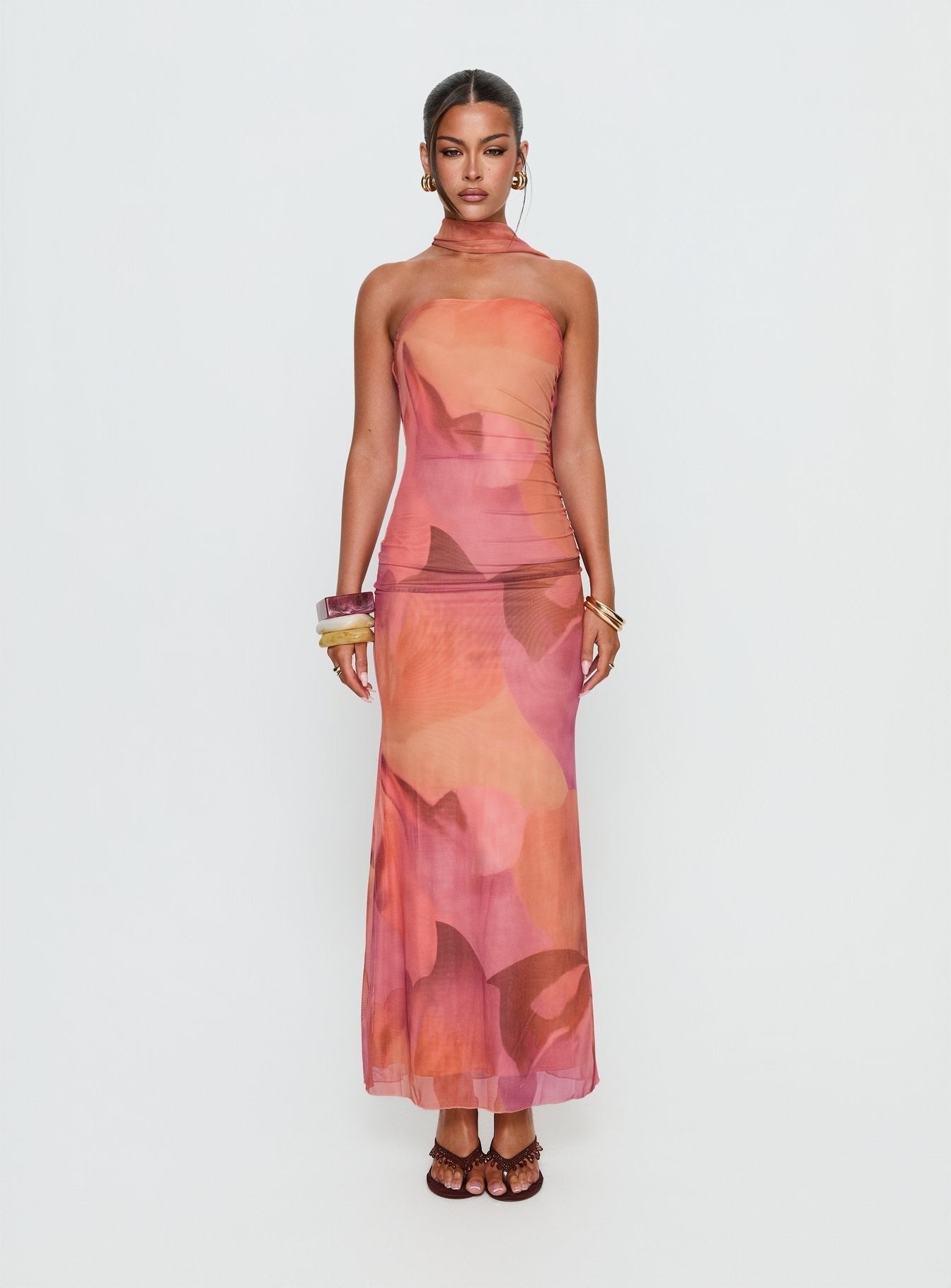 Davynn Scarf Detail Strapless Maxi Dress Pink Multi