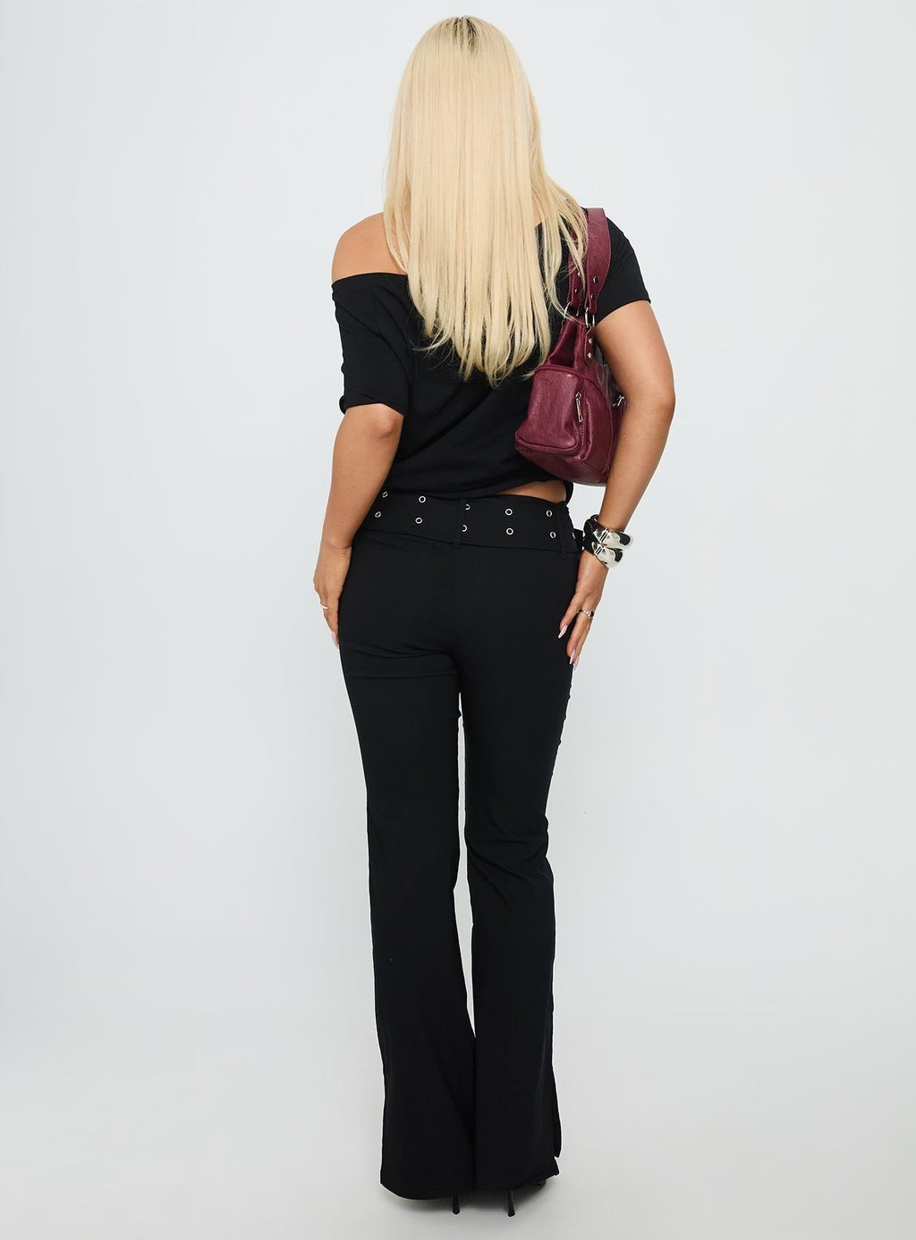 Kortnee Eyelet Detail Flare Leg Pants Black