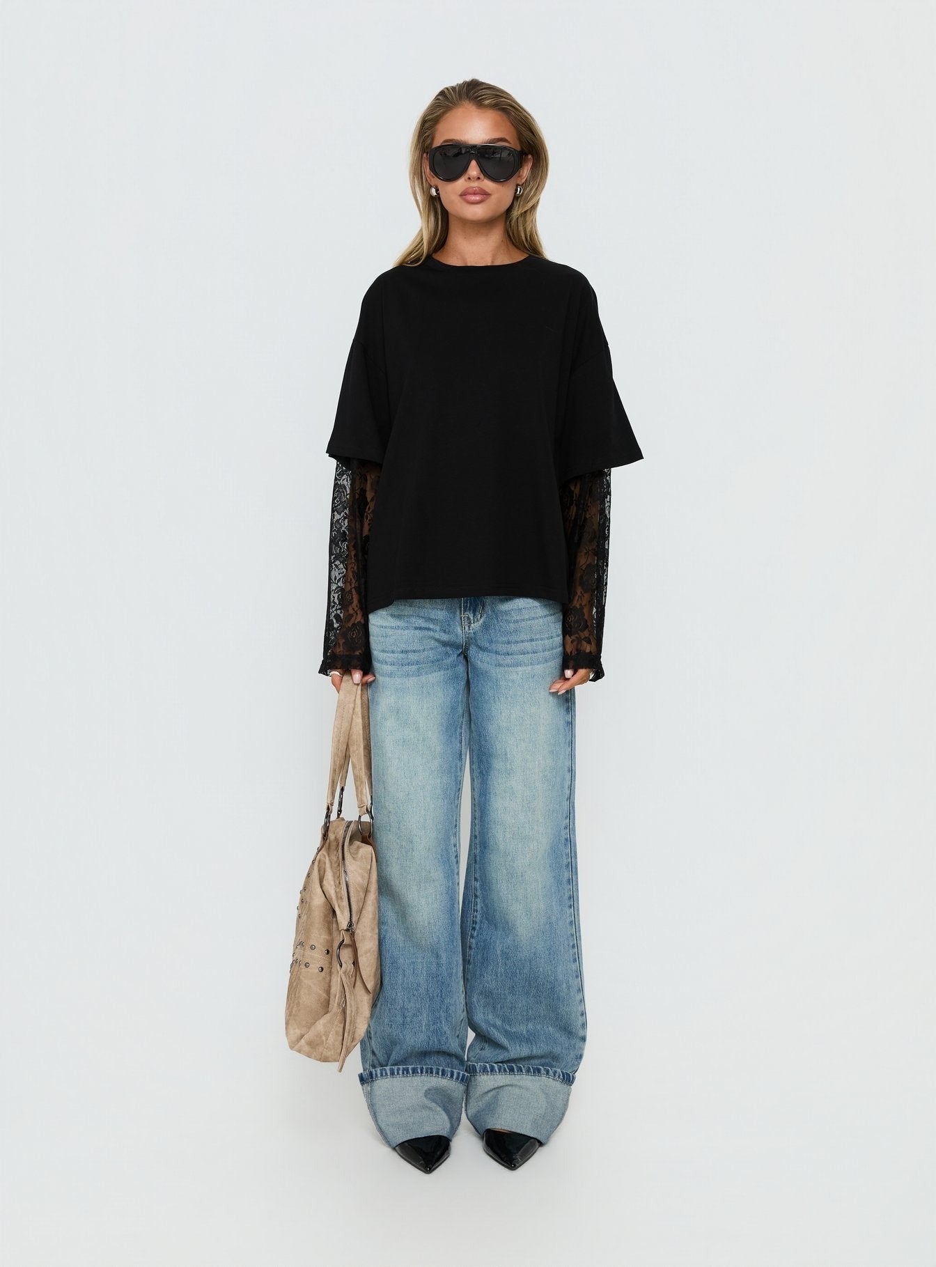 Valenciah Lace Layered Long Sleeve T-Shirt Black
