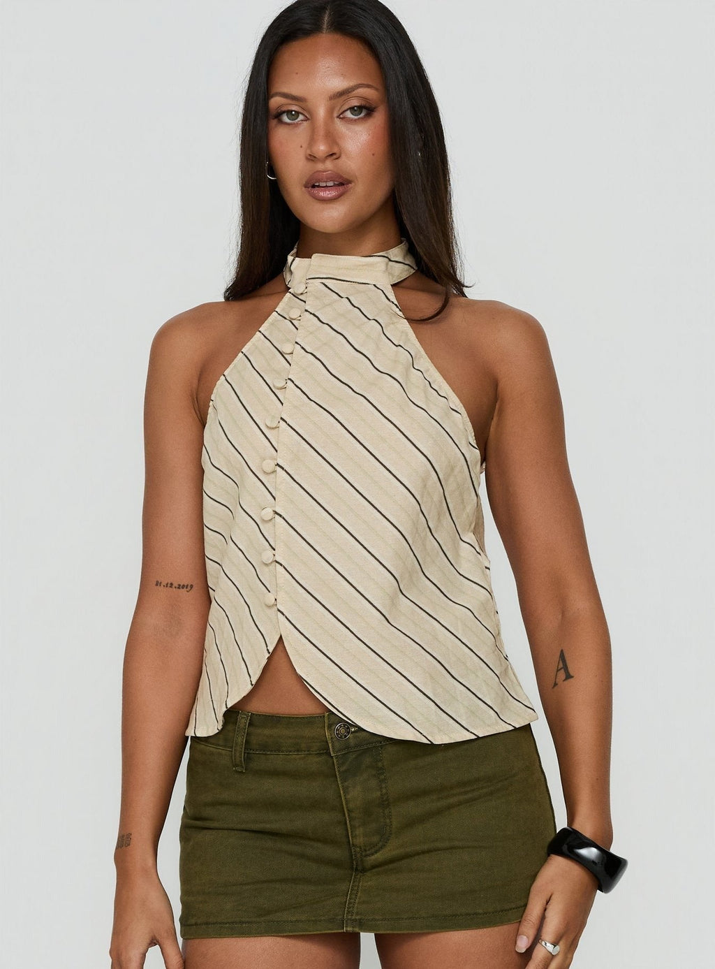 Iggya Button Detail High Neck Top Beige Stripe