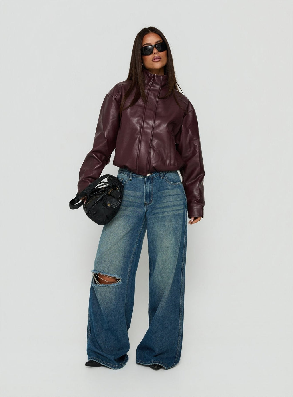 Kordale Funnel Neck Faux Leather Bomber Jacket Burgundy