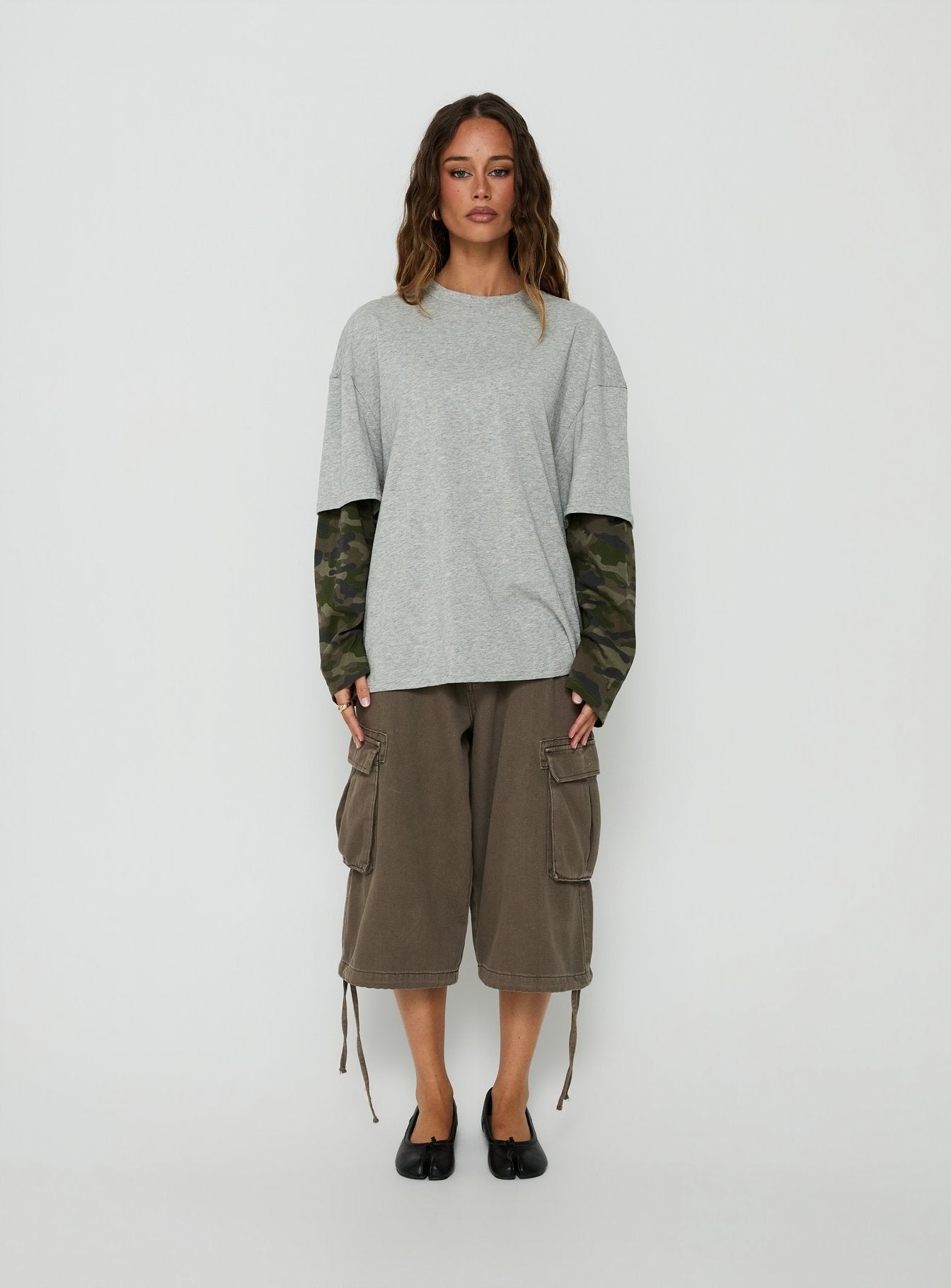 Ryann Long Sleeve Layered Top Grey / Camo