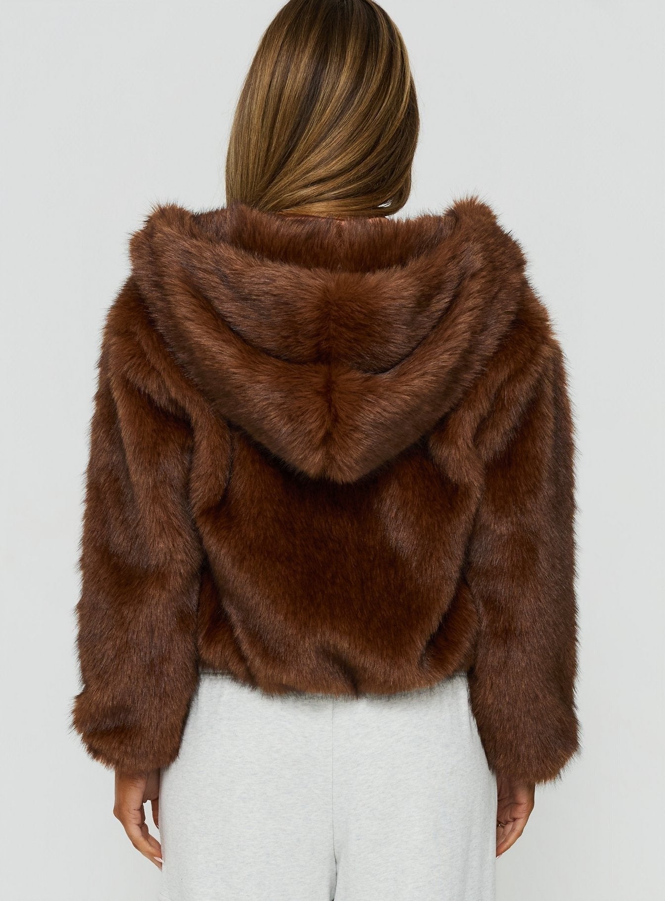 Act Up Faux Fur Hooded Jacket Brown