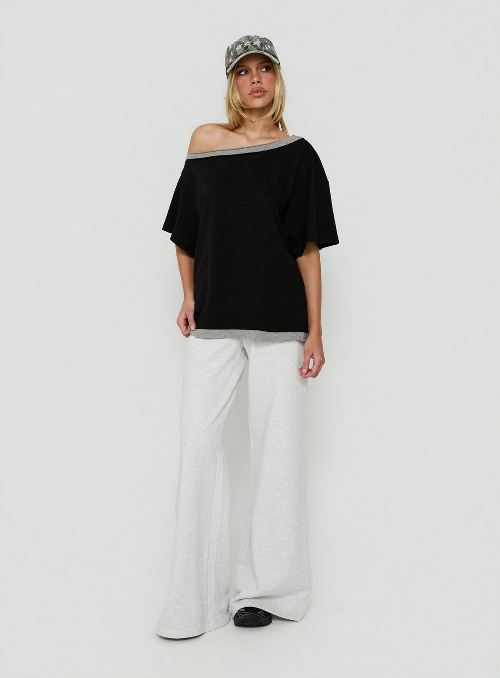 Celeia Layered Off Shoulder Tee Black / Grey