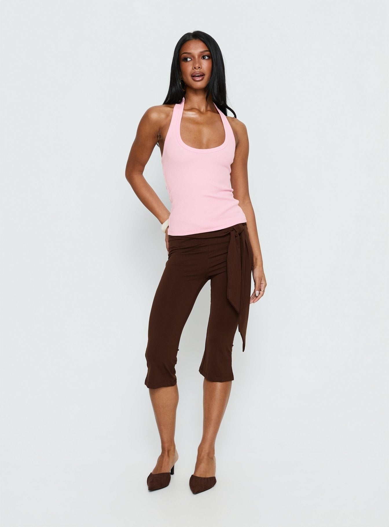 Lizana Tie Side Capri Pants Brown