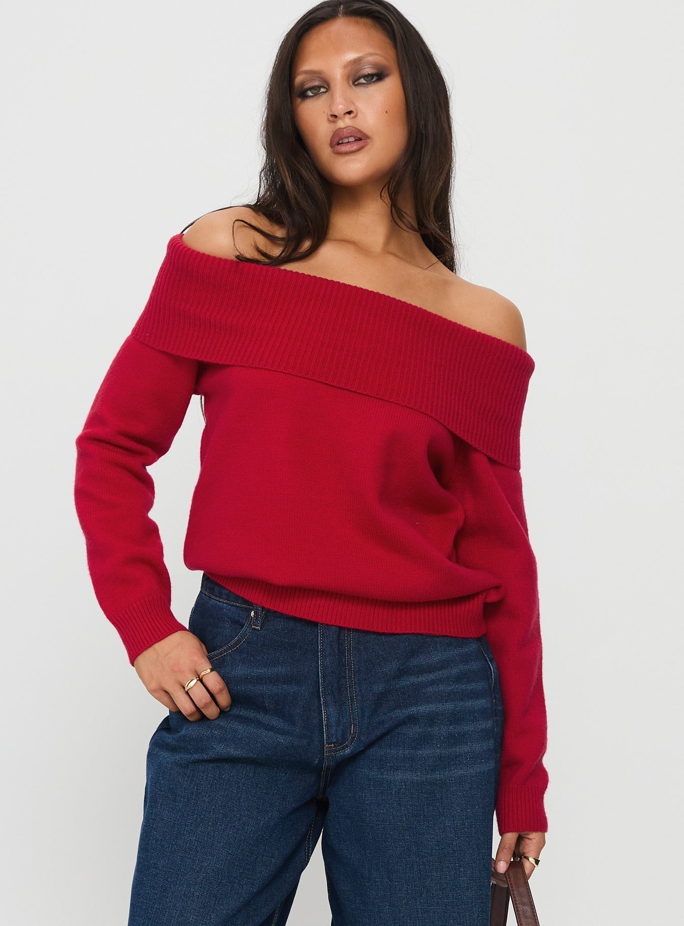Jaycelyn Off Shoulder Knit Sweater Red