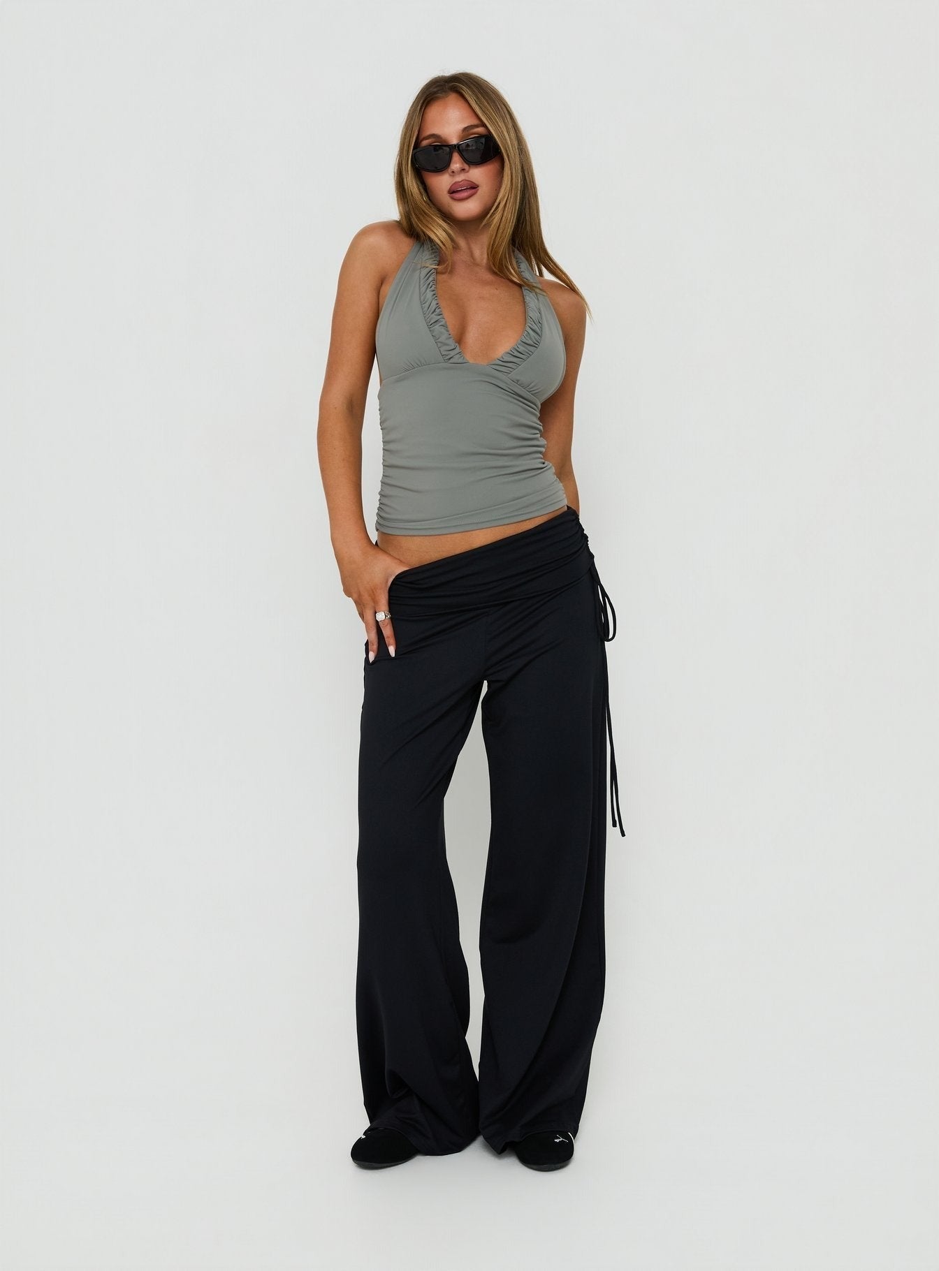 Mood Ring Ruched Halter Top Steel Grey