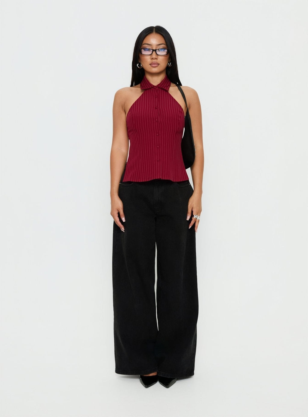 Roanne Backless Collared Top Red Stripe
