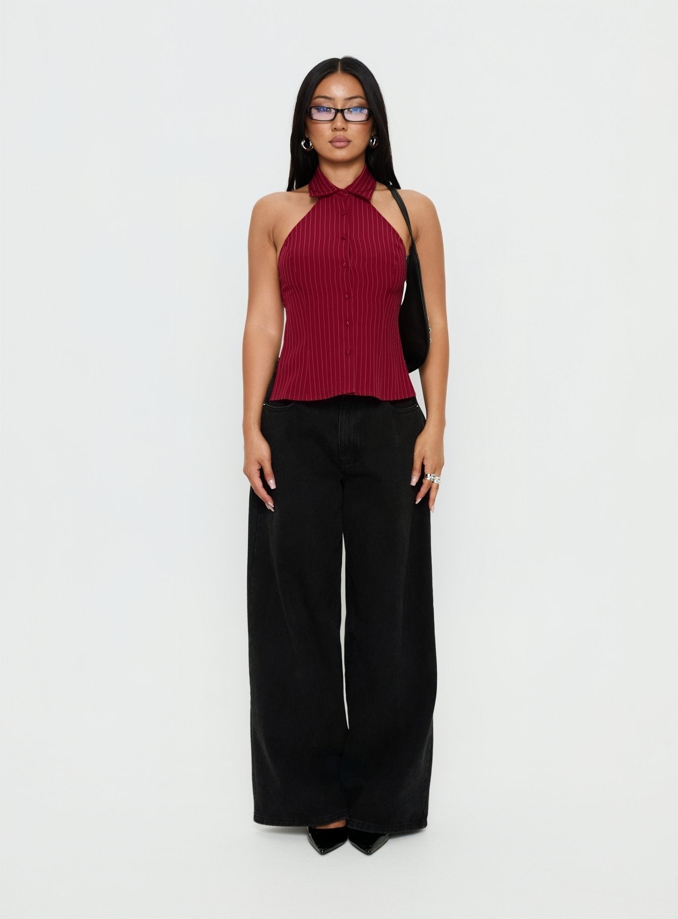 Roanne Backless Collared Top Red Stripe