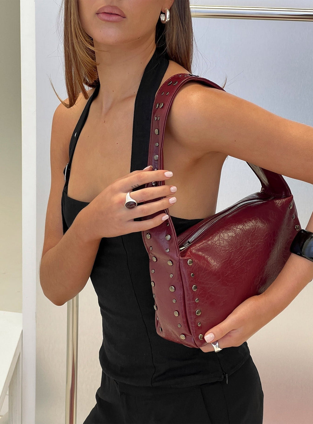 Kaiser Stud Detail Shoulder Bag Burgundy