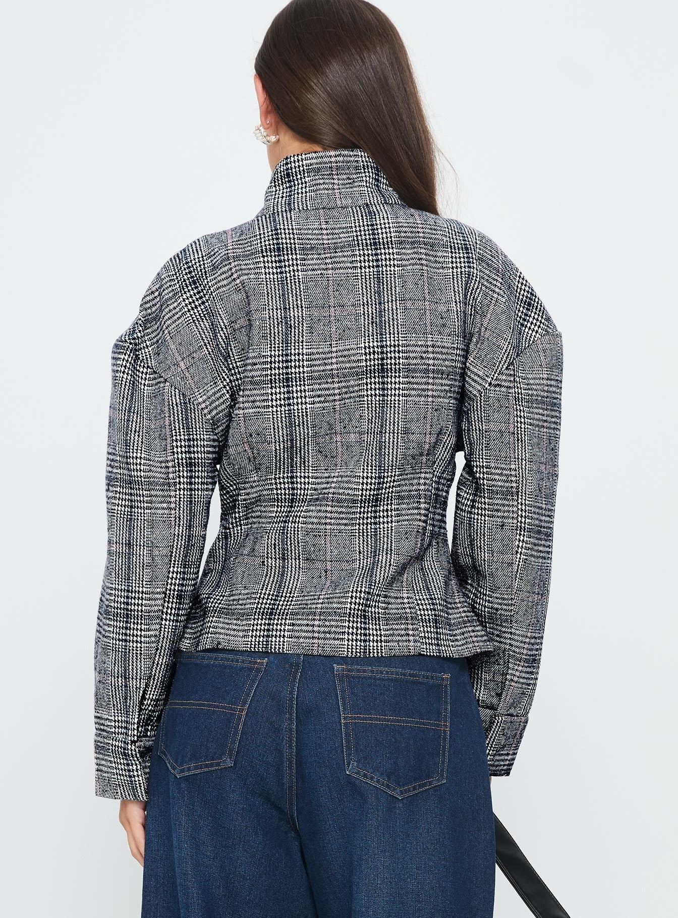 Cathrine Cinched High Neck Jacket Grey Plaid