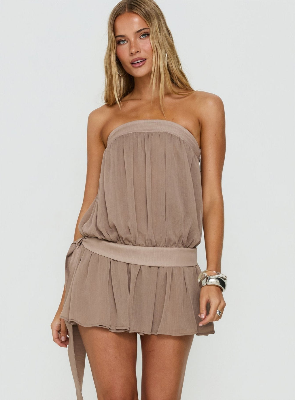 We Belong Together Strapless Blouson Mini Dress Mushroom