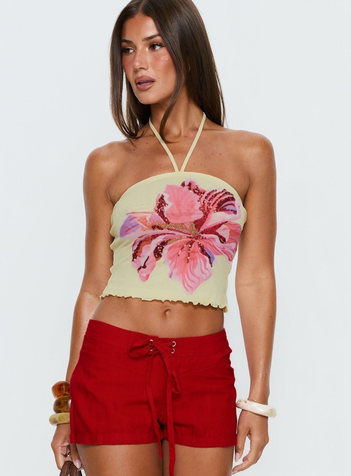 Maurissa Mesh Tie Neck Top Lemon Floral