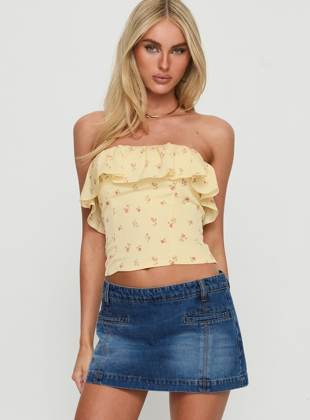 Ursella Strapless Frill Detail Top Yellow Floral