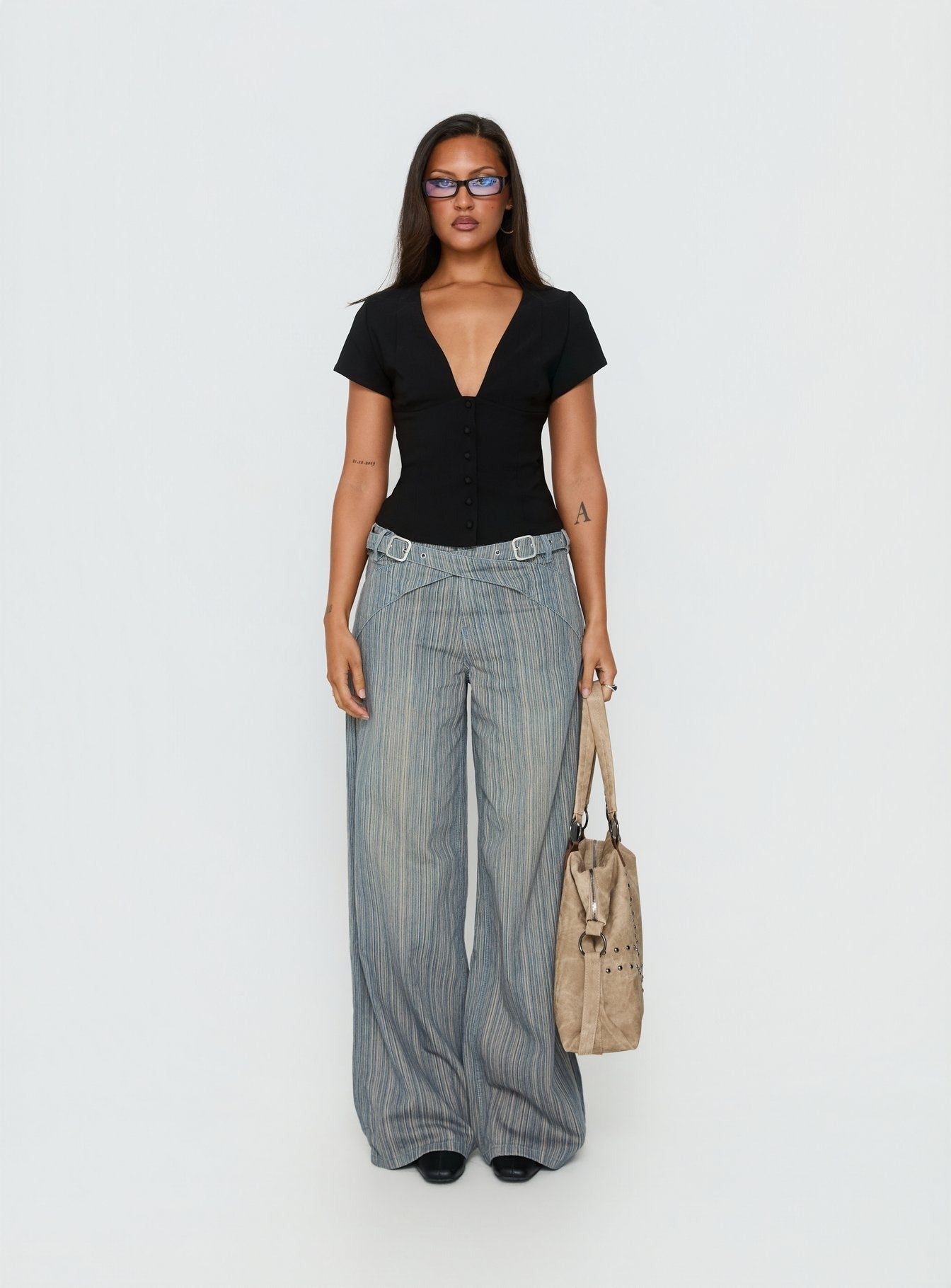 Mckinley Mid Rise Wide Leg Jeans Dark Blue Stripe