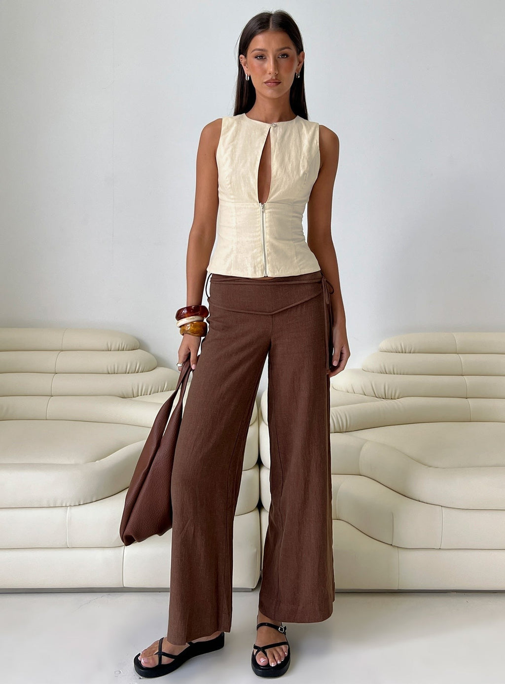 Silver Moon Linen Blend Tie Pants Brown