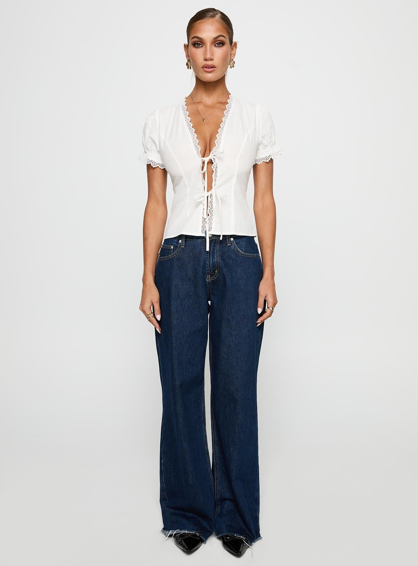Abundance Tie Up Lace Trim Top White