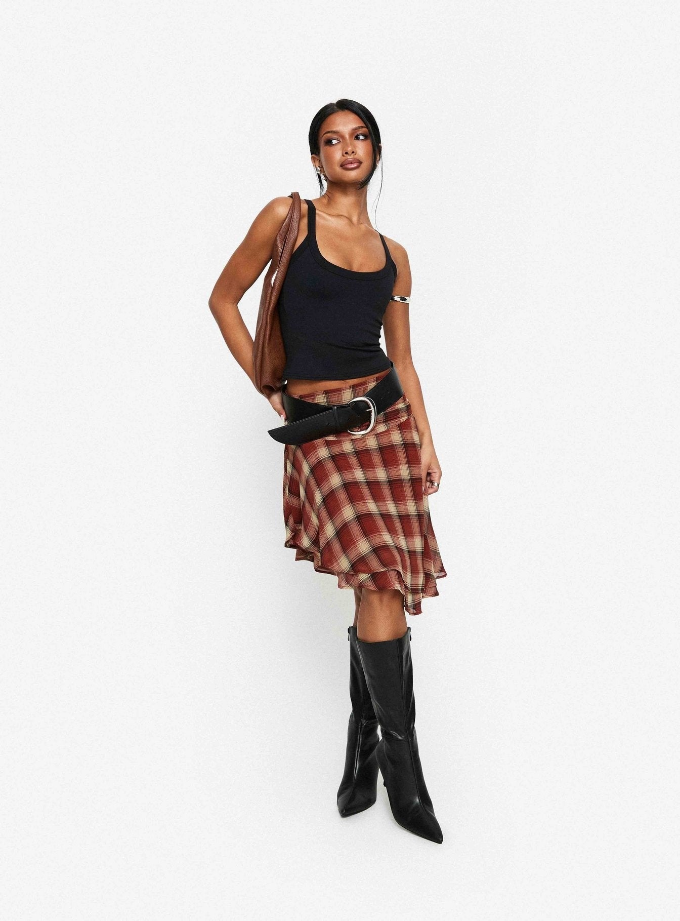 Evanescence Asymmetrical Midi Skirt Brown Check