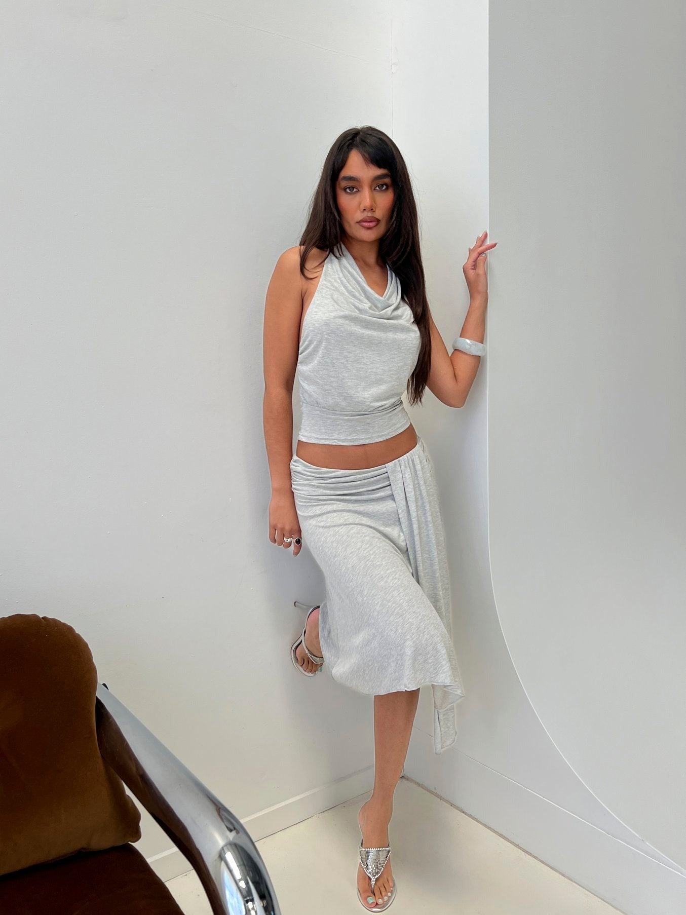 Iselda Draped Midi Skirt Grey Marle