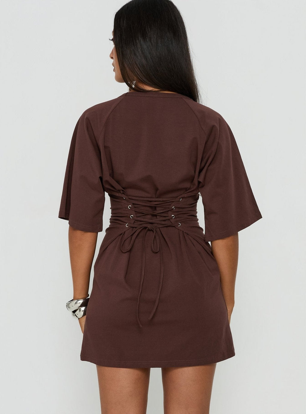 Enzia Raglan Lace Up Mini Dress Brown