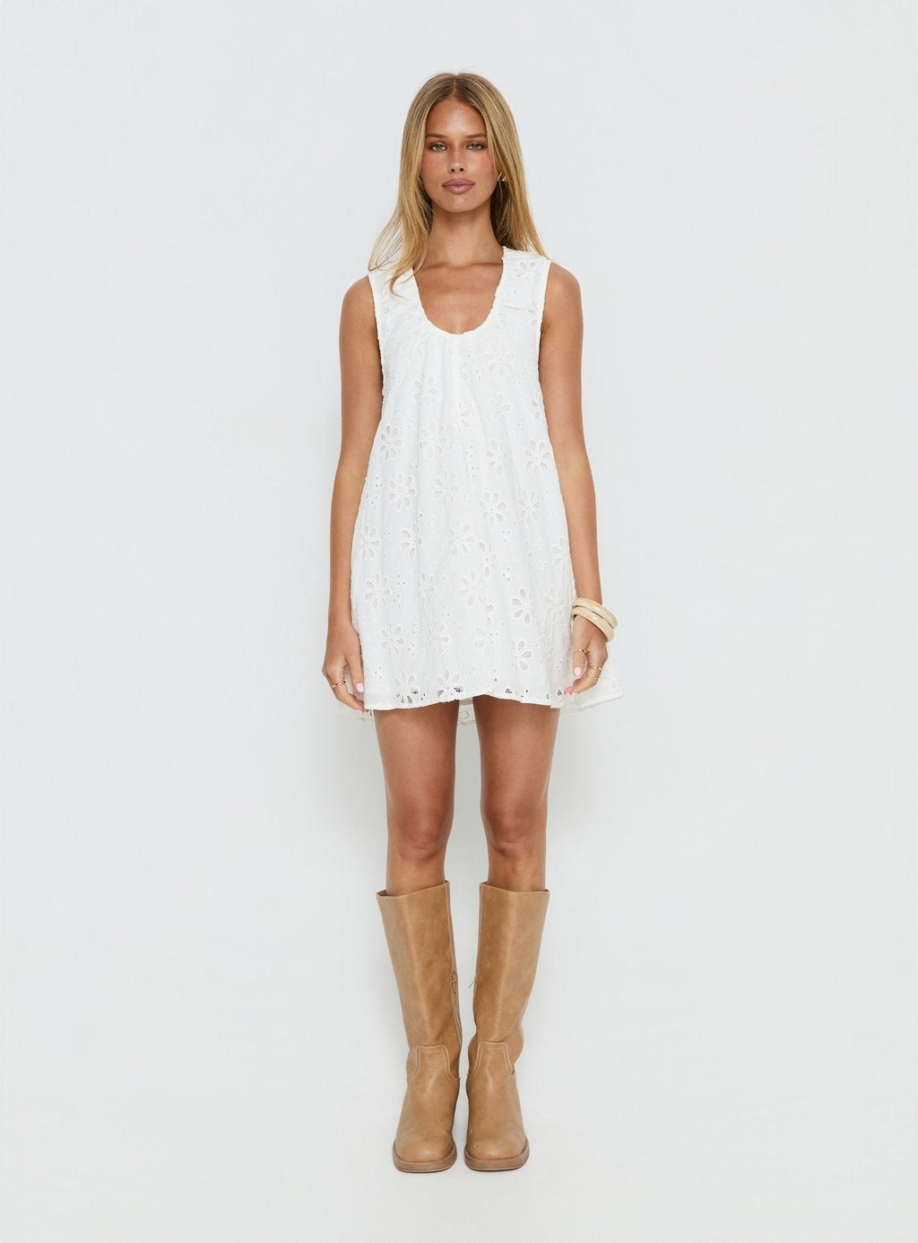 Eberta Ruched Baby Doll Mini Dress White Anglaise