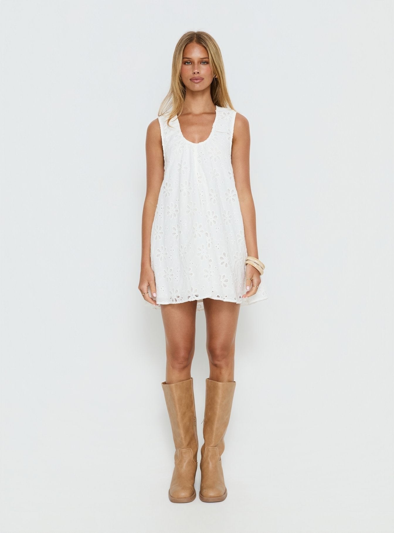Eberta Ruched Baby Doll Mini Dress White Anglaise