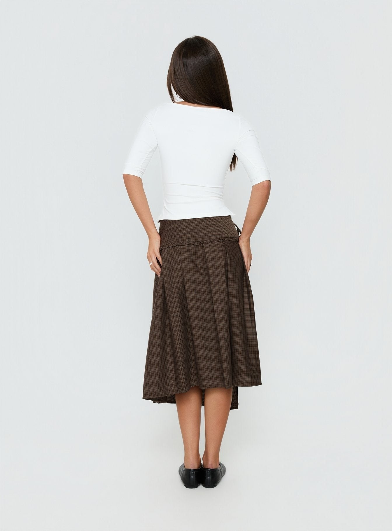 Ginella Pleated Tie Side Midi Skirt Brown Check