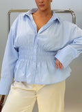 As You Are Shirred Button Up Top Soft Blue Curve