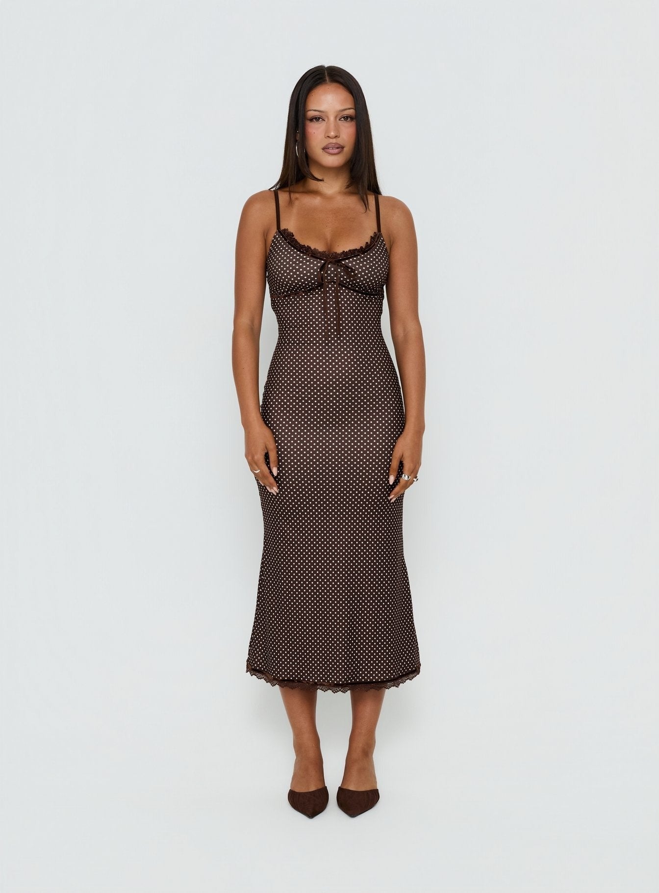 Delaney V Neck Frill Midi Dress Brown / Pink Polka Dot