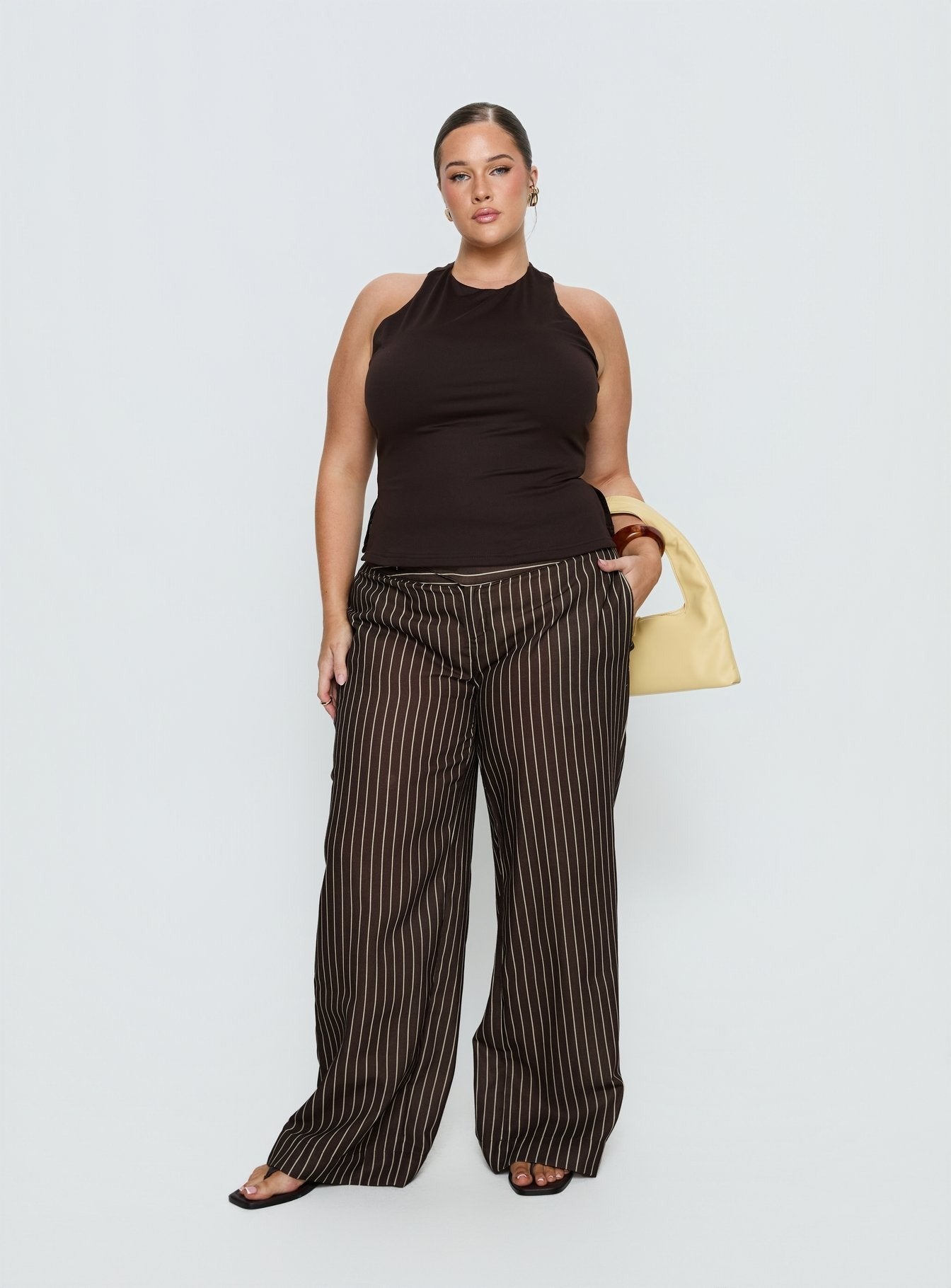 Winslie Thick Waistband Buckle Pants Chocolate Stripe Curve