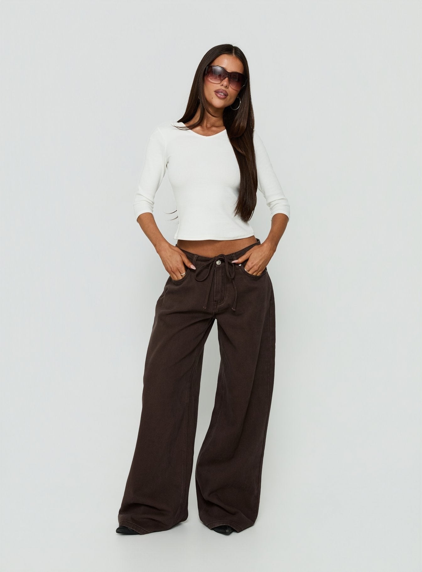 Ramos Low Rise Tie Waist Wide Leg Jeans Washed Chocolate