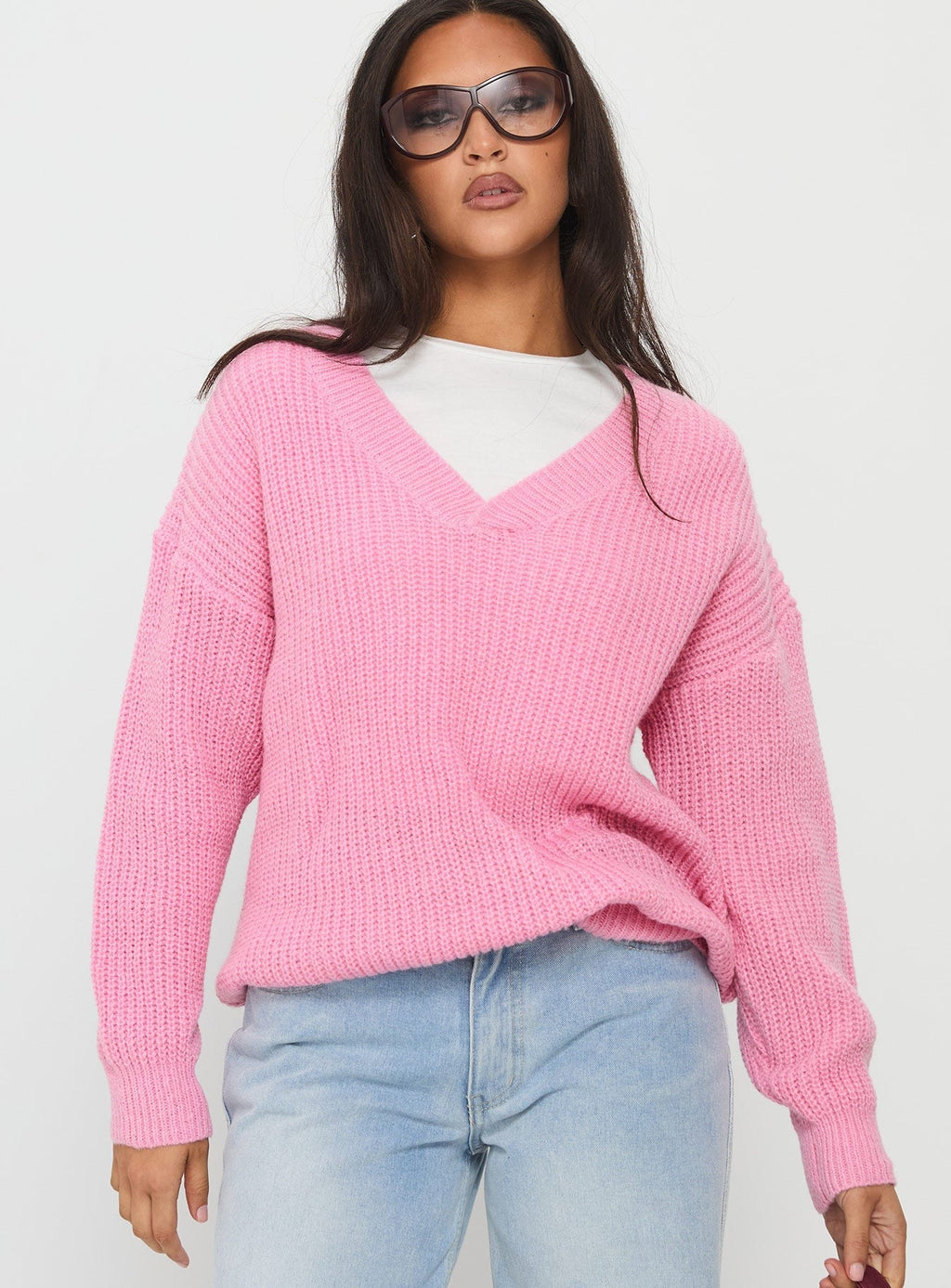 Zoea V Neck Knit Sweater Pink