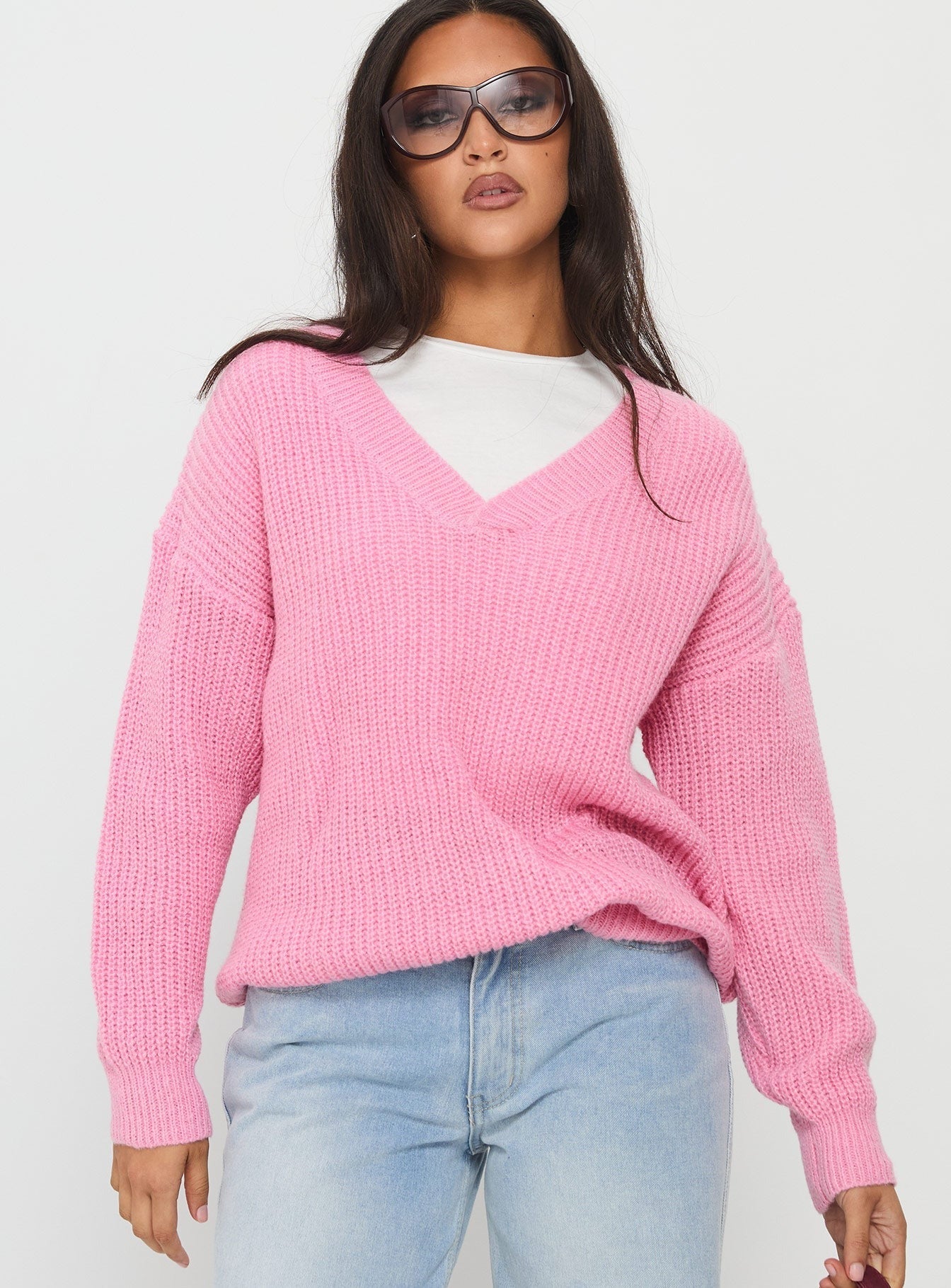 Zoea V Neck Knit Sweater Pink