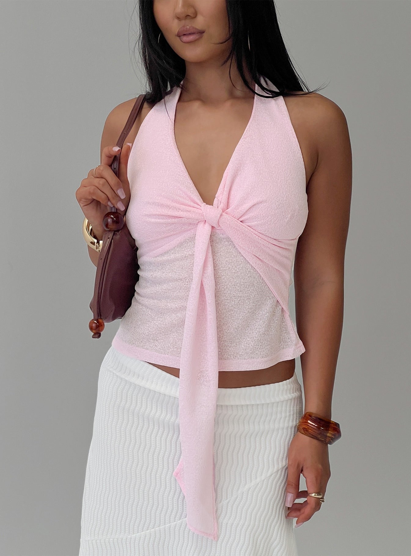 Shaylynn Tie Detail Halter Top Pink