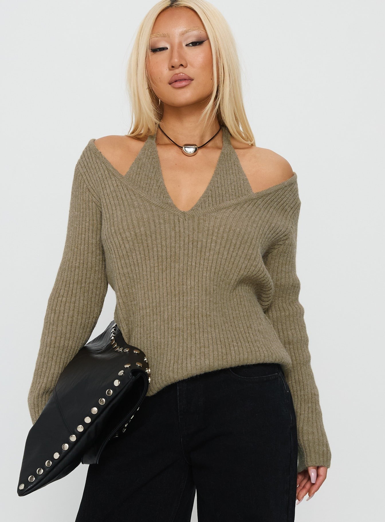 Sensibility Halter Detail Knit Sweater Green