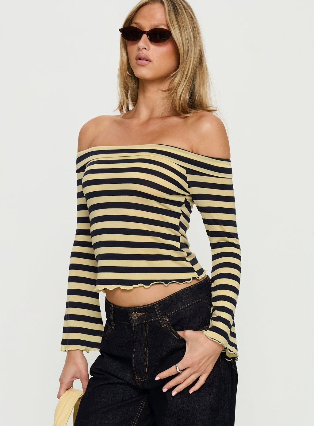 Ivonna Off Shoulder Long Sleeve Top Lemon Stripe