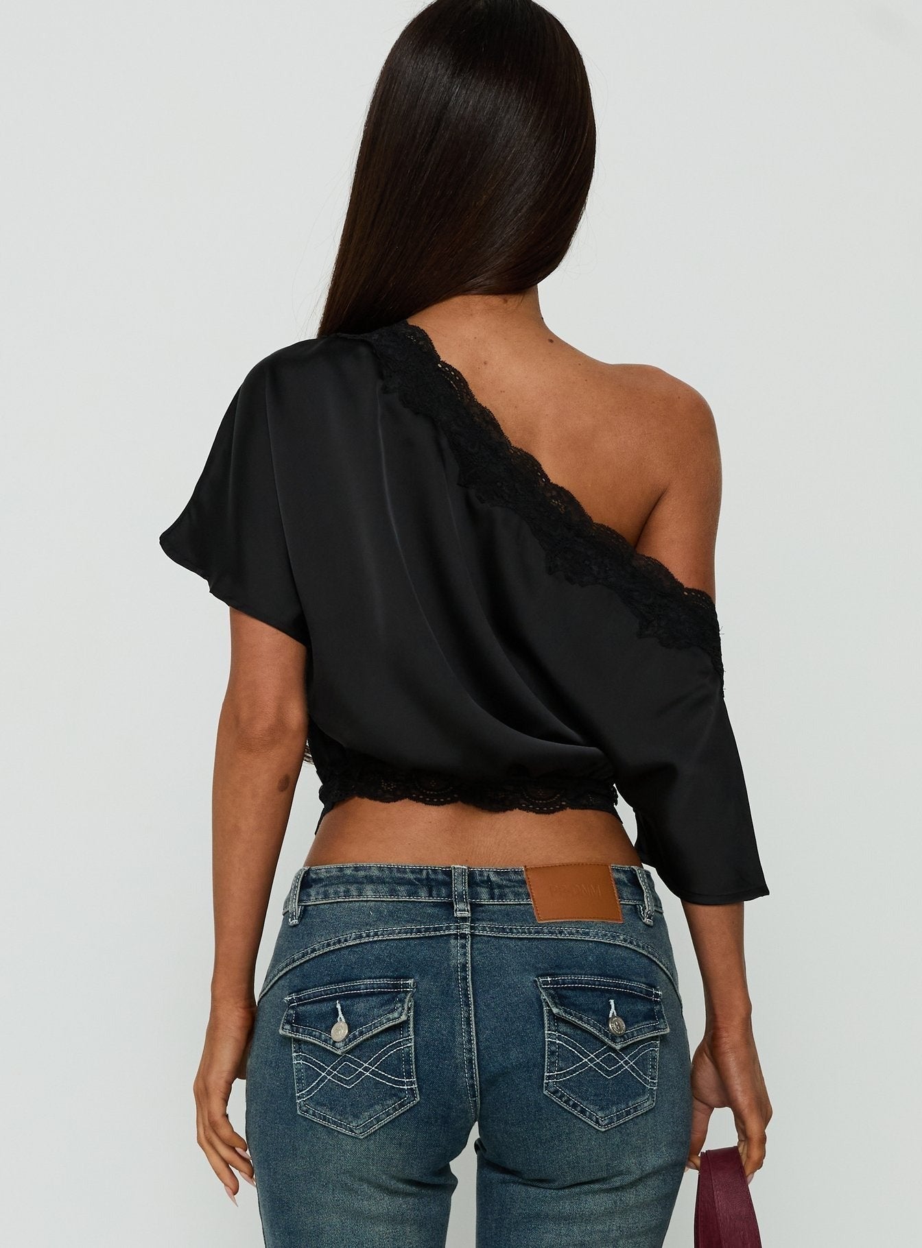 Full Send Off Shoulder Lace Trim Top Black