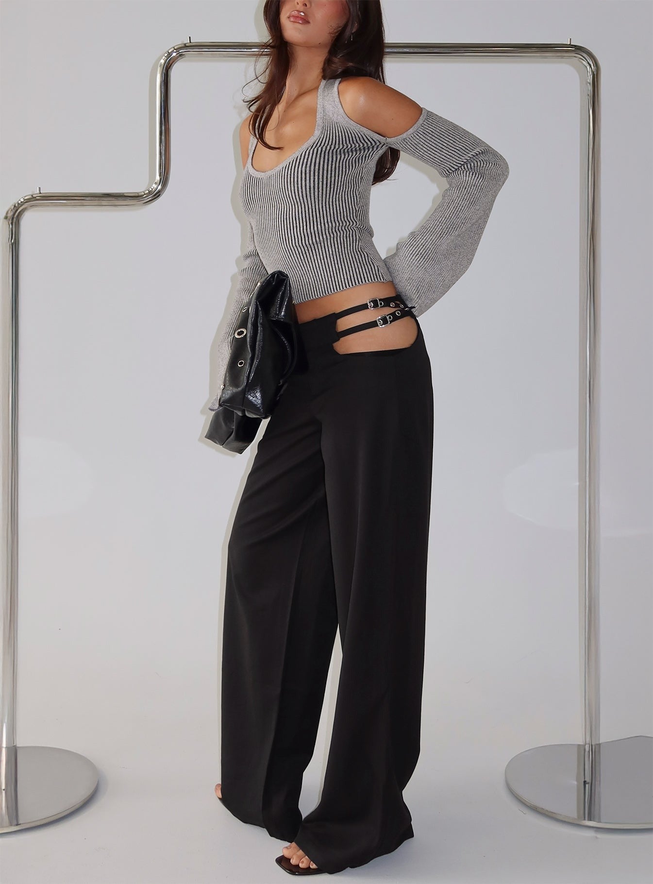 Venicia Belt Detail Suiting Pant Black Pinstripe